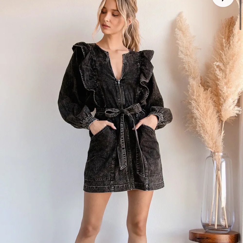 Imogene Washed Black Denim Ruffled Mini Dress